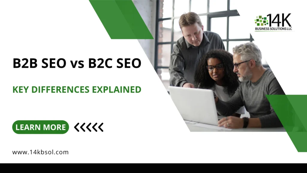 Business team reviewing SEO strategies on laptop – B2B vs B2C SEO key differences explained