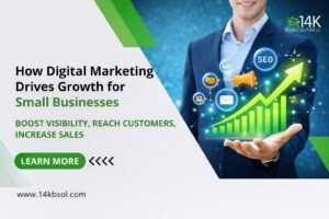 a businessman holding a glowing upward growth chart with digital marketing icons (SEO, email, ads), alongside the text “How Digital Marketing Drives Growth for Small Businesses,” and a call-to-action button with website link.