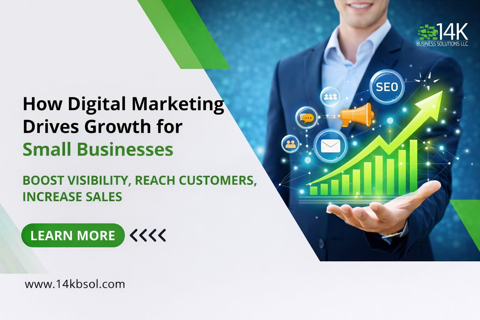 a businessman holding a glowing upward growth chart with digital marketing icons (SEO, email, ads), alongside the text “How Digital Marketing Drives Growth for Small Businesses,” and a call-to-action button with website link.
