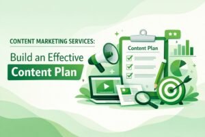 Professional illustration showing a content marketing strategy plan with digital charts, social media icons, and branding elements representing content marketing services for business growth.