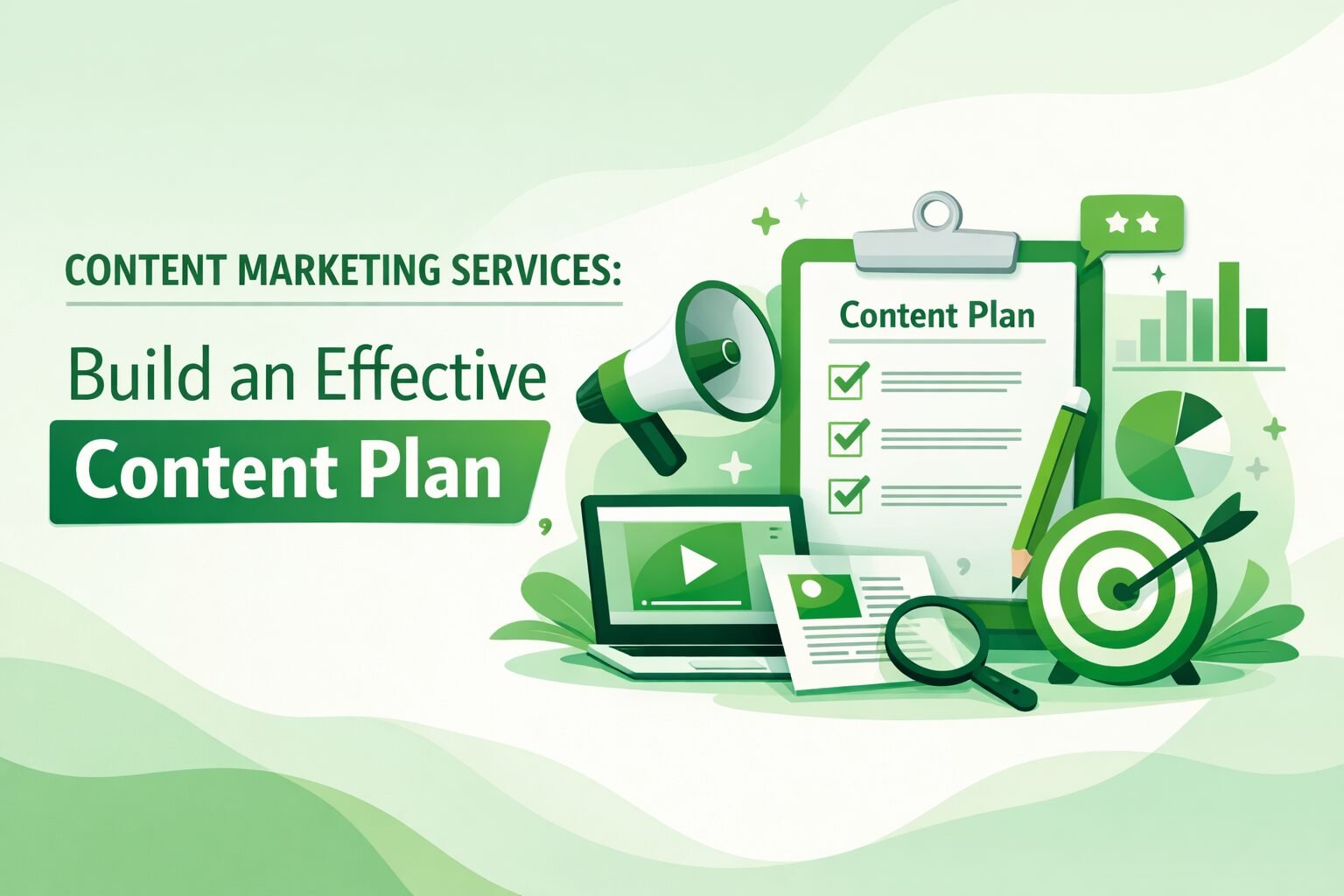 Professional illustration showing a content marketing strategy plan with digital charts, social media icons, and branding elements representing content marketing services for business growth.