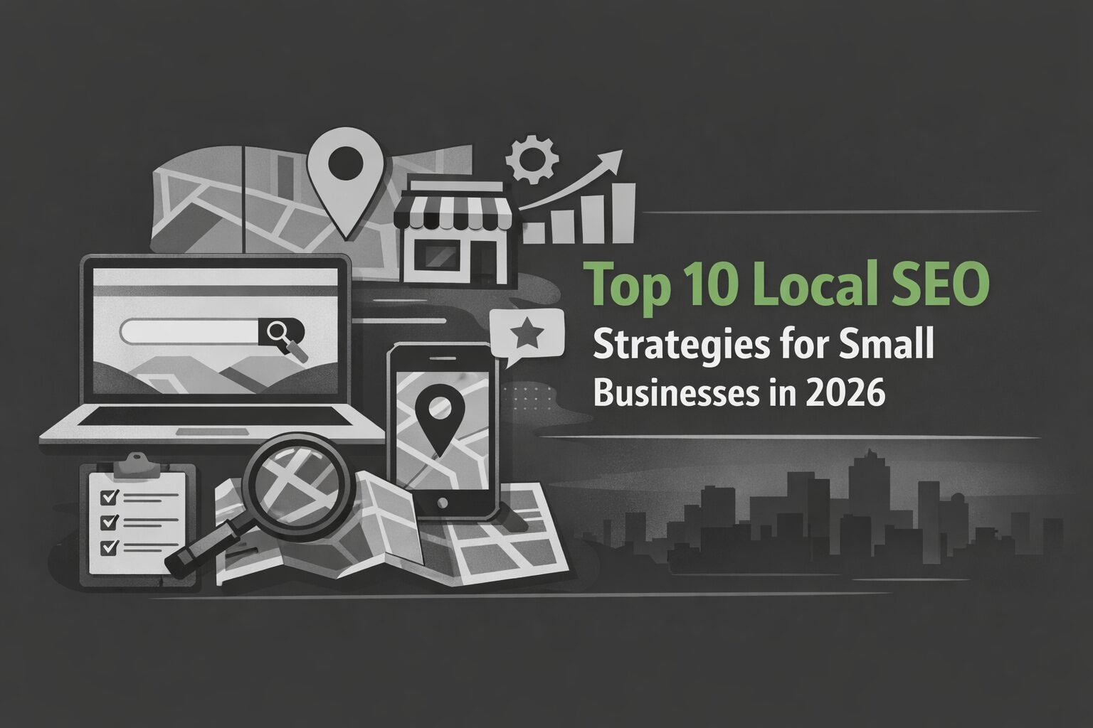 Professional grayscale and green-accent blog header illustration showing laptop, smartphone, map pins, checklist, and analytics icons representing “Top 10 Local SEO Strategies for Small Businesses in 2026.”