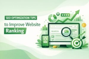 Professional blog illustration showing SEO optimization concepts with a green and white theme, featuring a website dashboard, magnifying glass, growth charts, and ranking symbols.