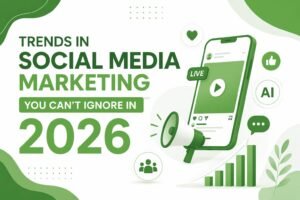 Visual representation of 2026 social media marketing trends with smartphones, online platforms, and digital growth elements in a connected network.