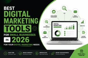 Digital marketing tools for small businesses in 2026 displayed on a green, black, and white blog banner with laptop analytics, SEO, email marketing, PPC, and social media icons.