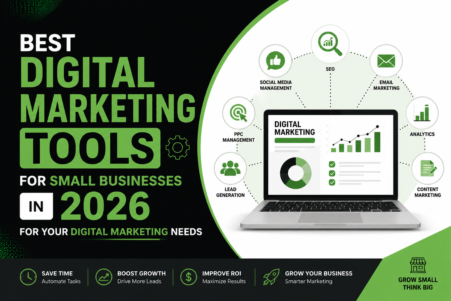 Digital marketing tools for small businesses in 2026 displayed on a green, black, and white blog banner with laptop analytics, SEO, email marketing, PPC, and social media icons.