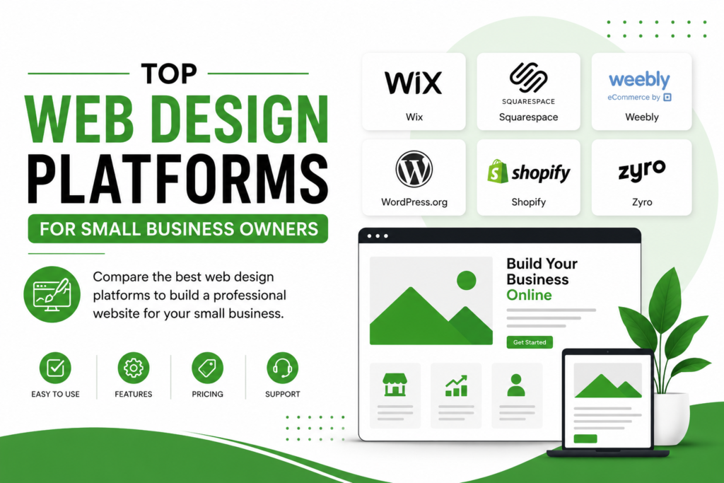 Comparison of top web design platforms for small business owners featuring Wix, Shopify, WordPress, Squarespace, and Weebly in a green, white, and black themed website builder illustration.