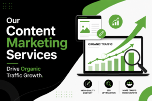 Modern black, green, and white blog banner showing content marketing services driving organic traffic growth with SEO charts, analytics icons, and upward growth graphics on digital screens.