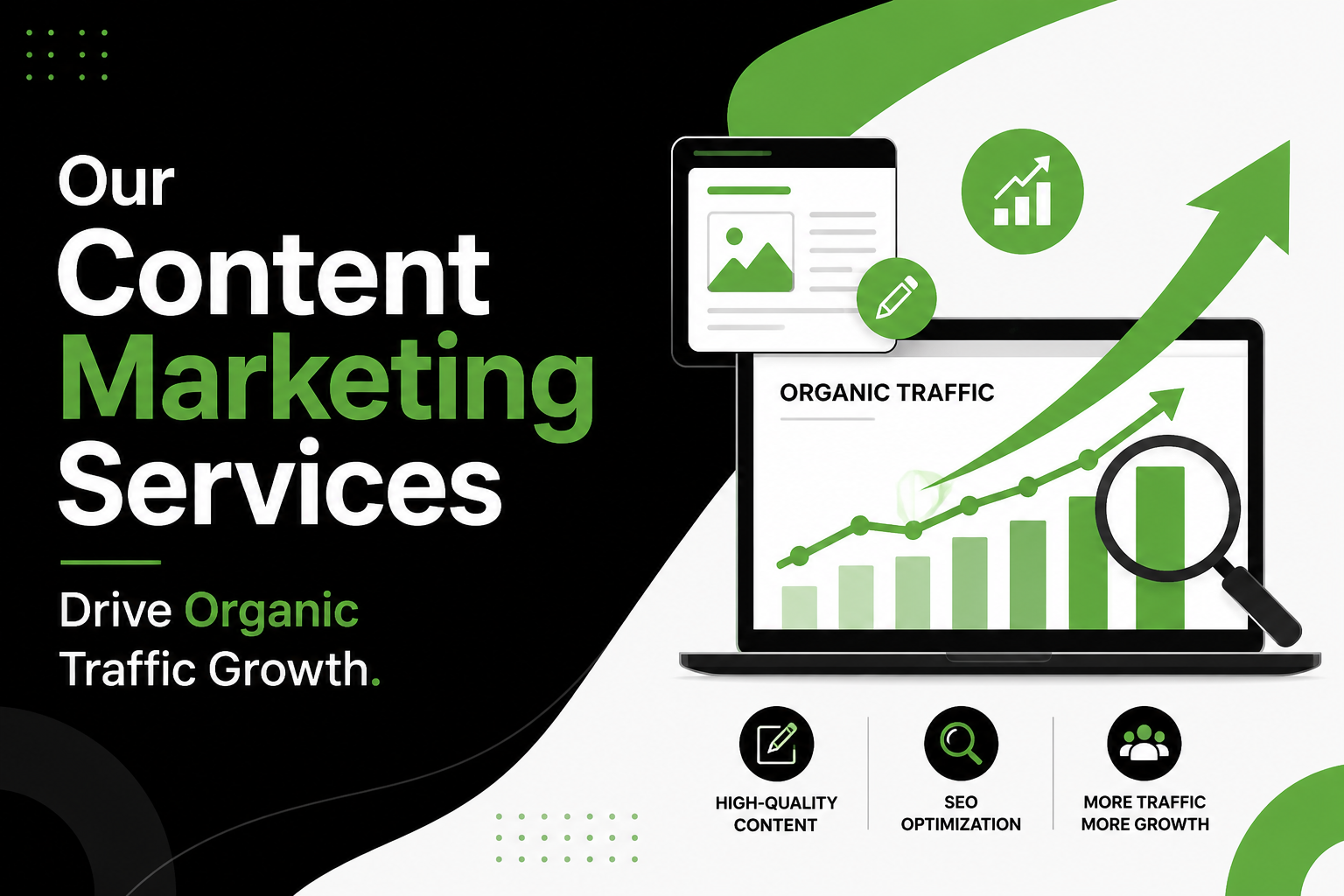 Modern black, green, and white blog banner showing content marketing services driving organic traffic growth with SEO charts, analytics icons, and upward growth graphics on digital screens.