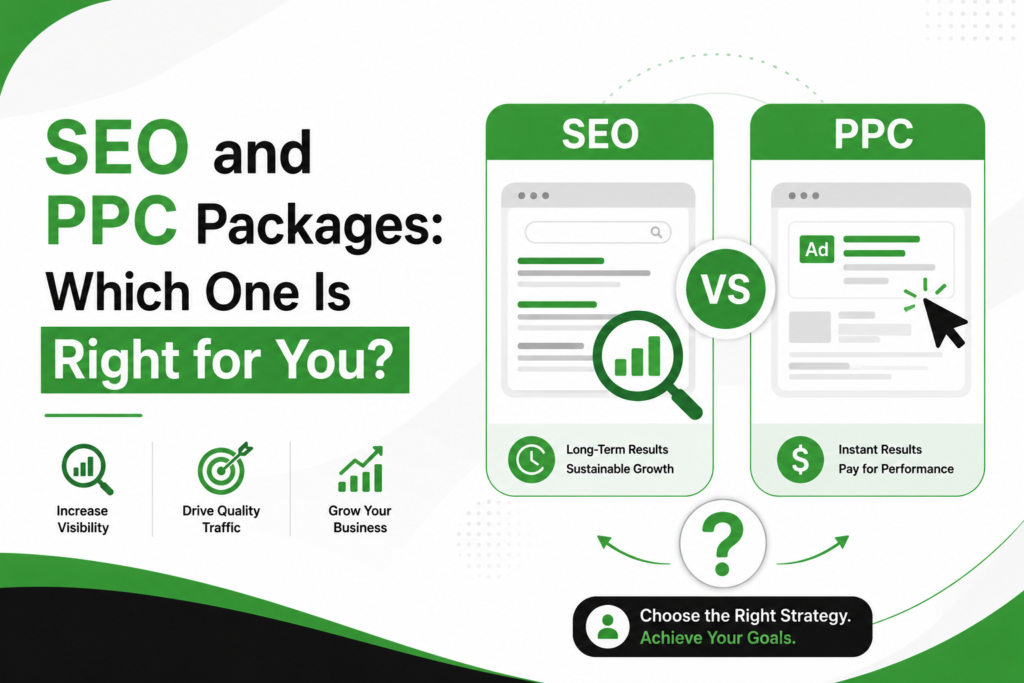 SEO and PPC packages comparison infographic with green, white, and black design showcasing SEO vs PPC benefits, digital marketing strategy, traffic growth, and online advertising solutions.
