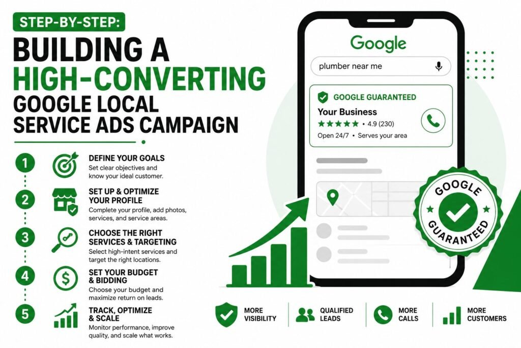 Modern green, white, and black infographic showing step-by-step setup of a high-converting Google Local Service Ads campaign with mobile ad preview and growth icons.