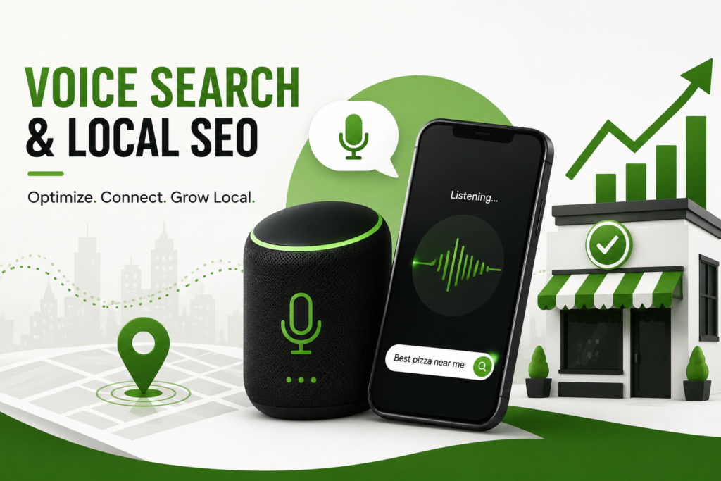 Digital illustration showing a smartphone with voice search activated, representing the impact of voice search on local SEO optimization for businesses