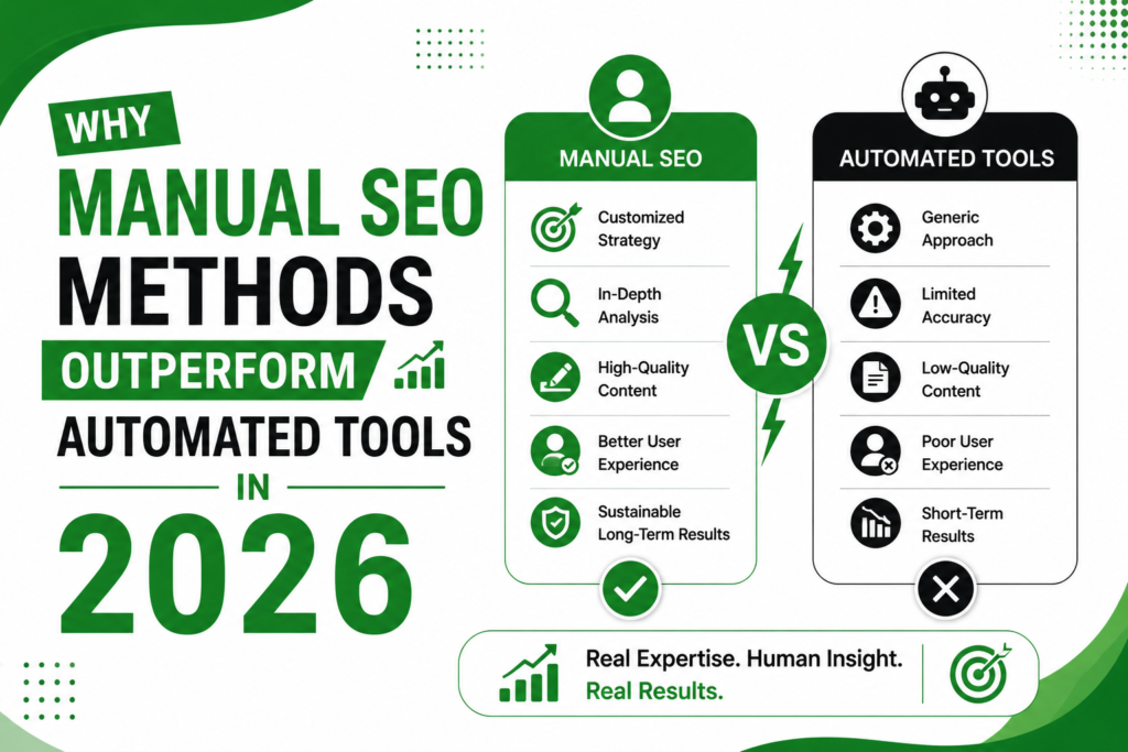 Manual SEO methods vs automated SEO tools infographic in green, white, and black showcasing human SEO strategies, better rankings, customized optimization, and sustainable SEO results in 2026.