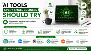 AI tools for small businesses featuring automation, productivity, data insights, and digital solutions with a modern green, white, and black business design.