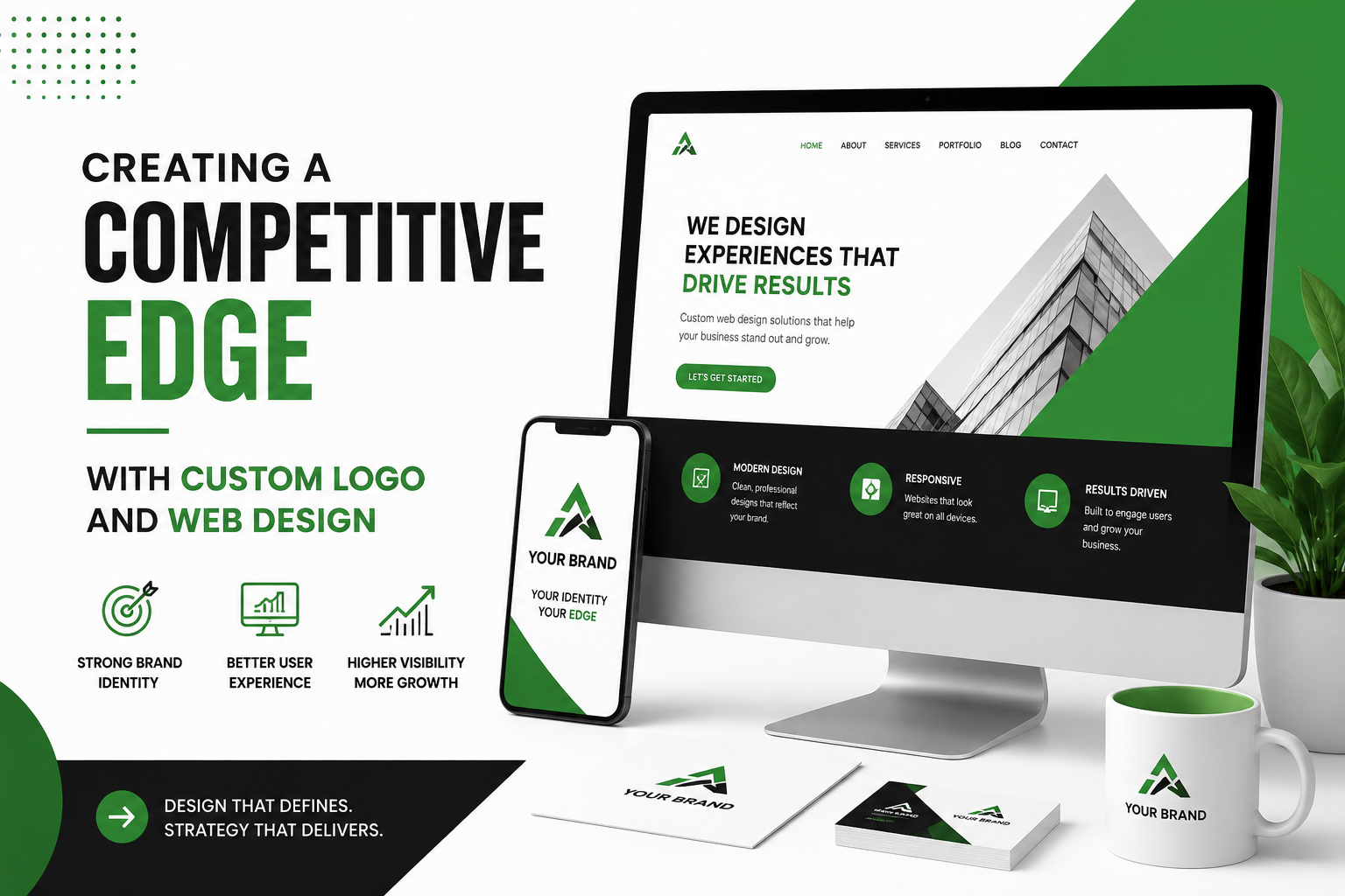 Modern custom logo and web design blog banner with green, white, and black branding elements, responsive website mockup, and business identity visuals.
