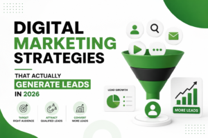 Digital marketing strategies blog banner featuring a green and black lead generation funnel, marketing icons, growth charts, and the headline “Digital Marketing Strategies That Actually Generate Leads in 2026” on a clean white background.