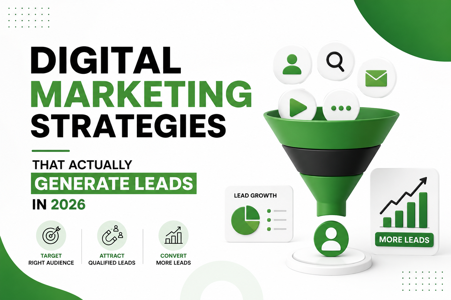 Digital marketing strategies blog banner featuring a green and black lead generation funnel, marketing icons, growth charts, and the headline “Digital Marketing Strategies That Actually Generate Leads in 2026” on a clean white background.