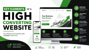 Key elements of a high converting website shown through a modern web design layout with desktop and mobile screens, highlighting user experience, clear calls to action, trust signals, fast loading speed, and conversion growth in a green, black, and white theme.