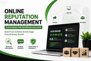 Online reputation management strategies infographic showing brand trust, customer reviews, reputation monitoring, and business growth on a laptop with green, white, and black design.