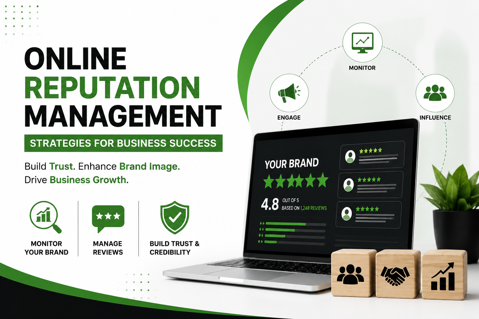 Online reputation management strategies infographic showing brand trust, customer reviews, reputation monitoring, and business growth on a laptop with green, white, and black design.
