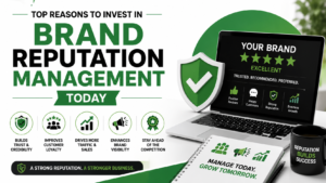 Brand reputation management concept banner showing online reviews, customer trust, business growth, and digital branding in green, white, and black theme.