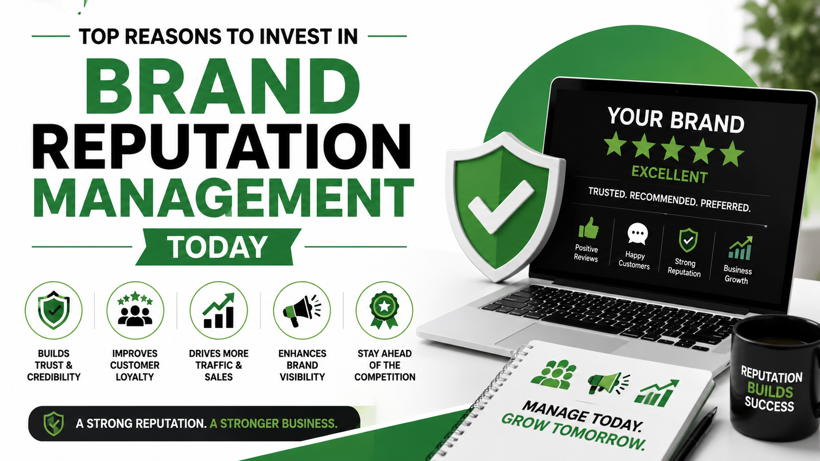Brand reputation management concept banner showing online reviews, customer trust, business growth, and digital branding in green, white, and black theme.