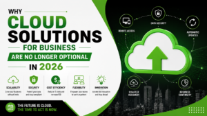 Cloud solutions for business infographic showing secure cloud computing, remote access, scalability, data protection, and business continuity in a modern green, white, and black design.