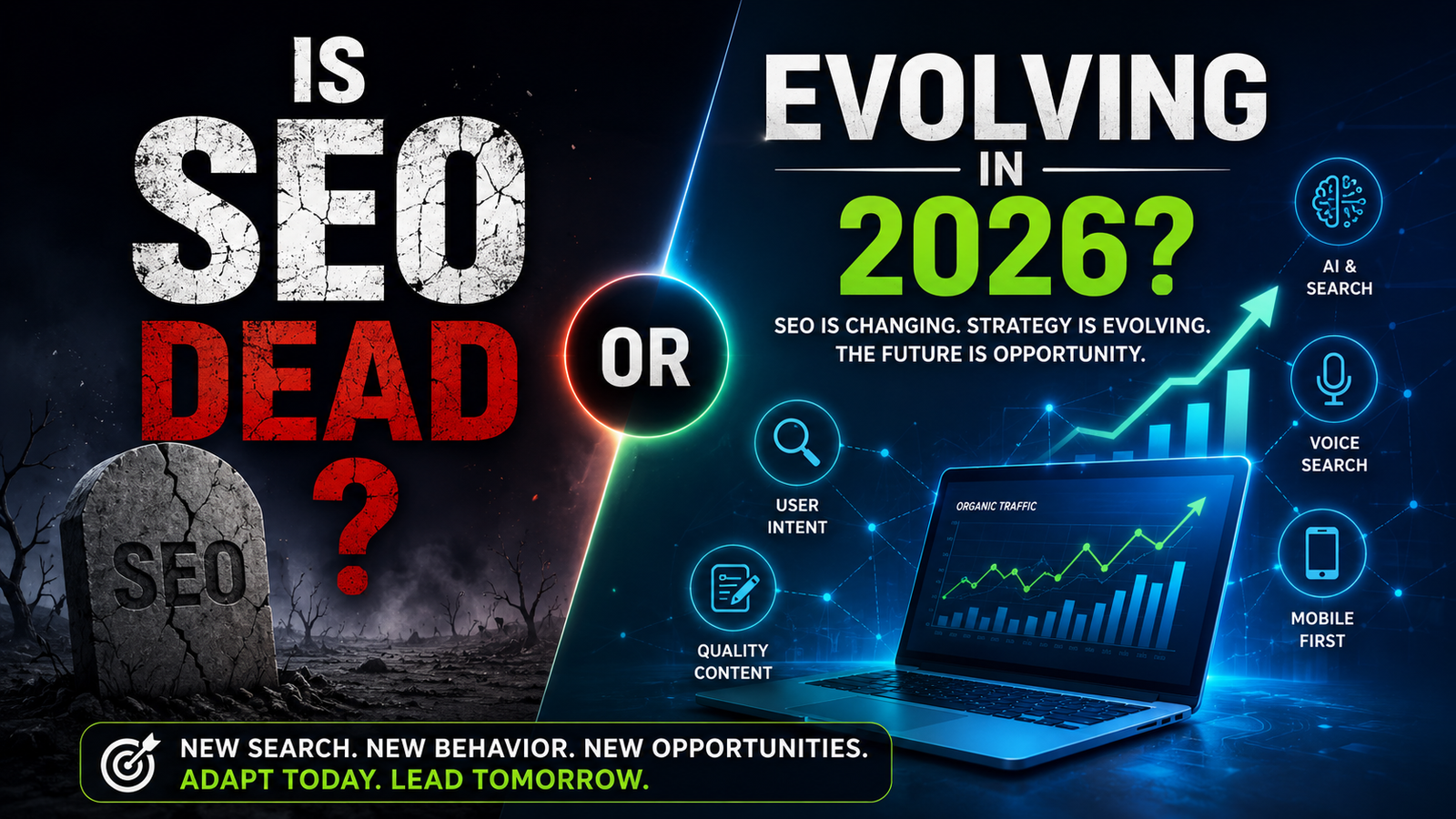 Split-screen illustration showing SEO evolving in 2026 with AI, analytics, user intent, voice search, mobile-first optimization, and organic traffic growth.