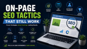 Illustration of on-page SEO tactics featuring keyword optimization, quality content, meta tags, internal linking, mobile-friendly design, and SEO analytics.