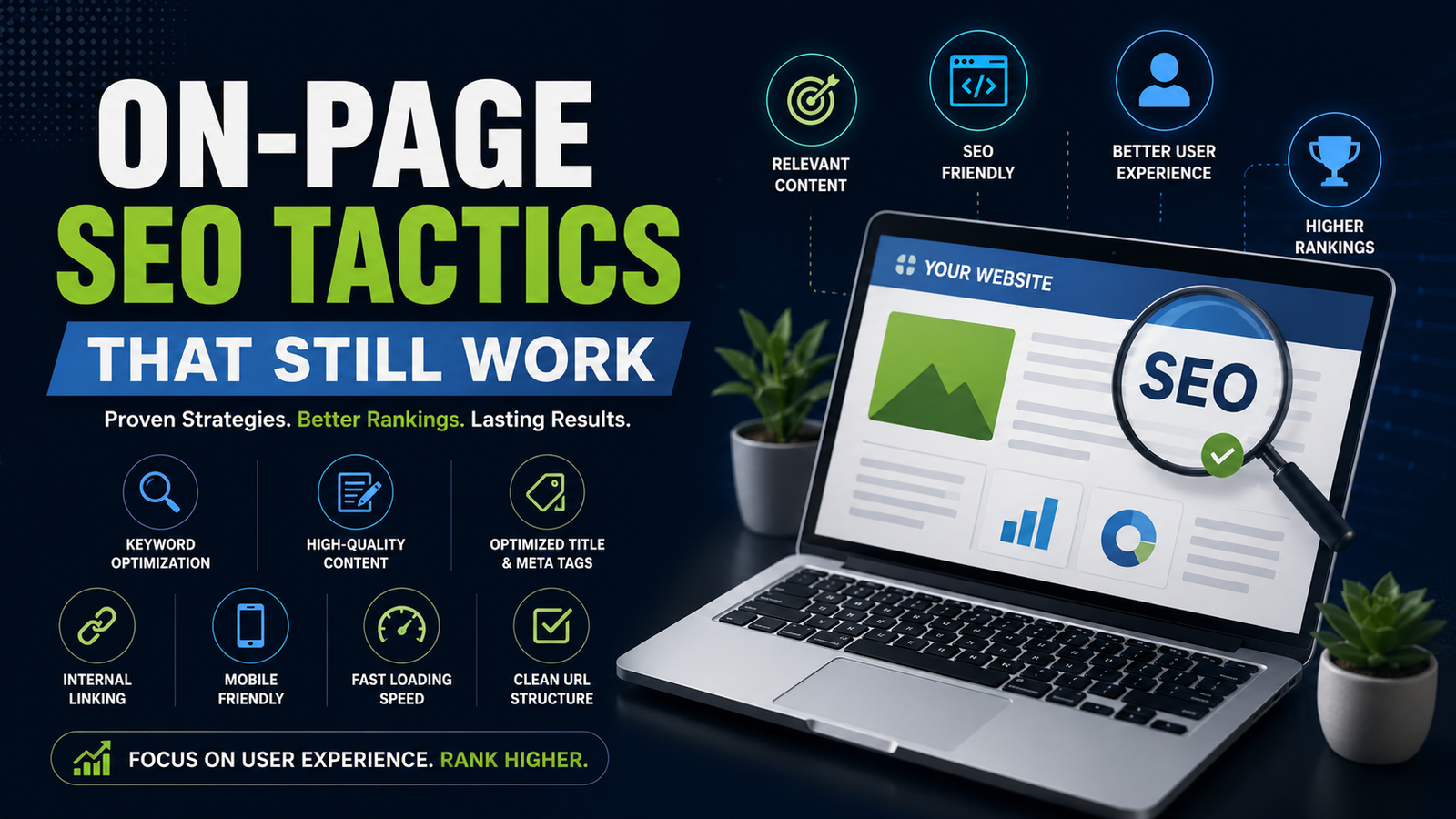 Illustration of on-page SEO tactics featuring keyword optimization, quality content, meta tags, internal linking, mobile-friendly design, and SEO analytics.