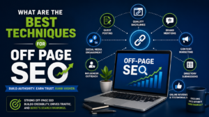 Digital illustration of off-page SEO techniques featuring backlinks, guest posting, brand mentions, social media, content marketing, online reviews, and link building.