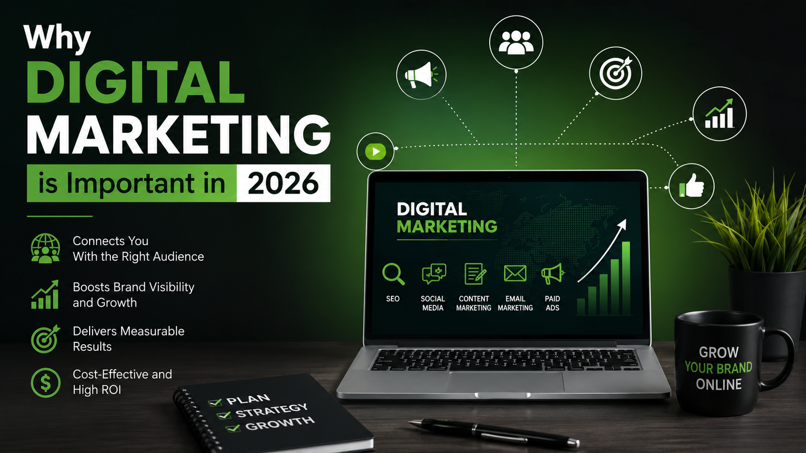 Why Digital Marketing Is Important in 2026 infographic featuring a laptop displaying SEO, social media, content marketing, email marketing, and paid ads with growth chart, marketing icons, and green, black, and white branding representing business growth, online visibility, and digital marketing success.