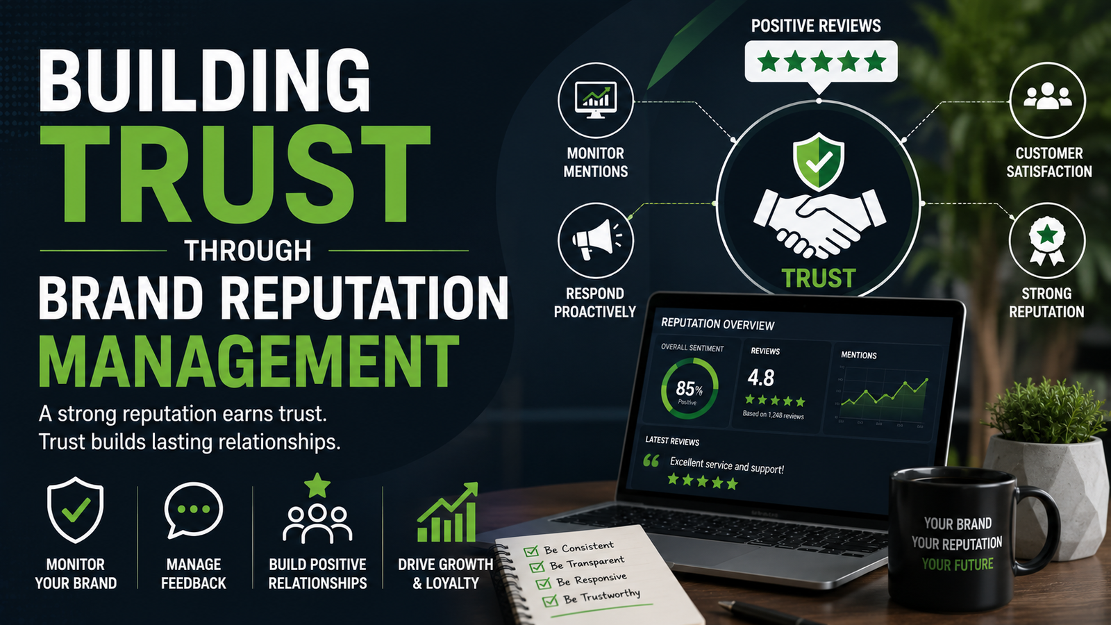 Brand reputation management graphic showing trust, positive reviews, customer satisfaction, feedback management, and reputation monitoring.