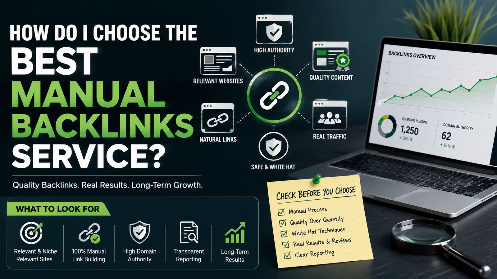 Guide to choosing a manual backlinks service with relevant websites, quality links, white-hat SEO, authority, and transparent reporting.