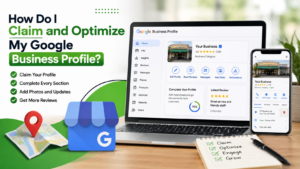 Google Business Profile dashboard on a laptop and phone showing profile optimization, reviews, photos, business details, and local search tools.
