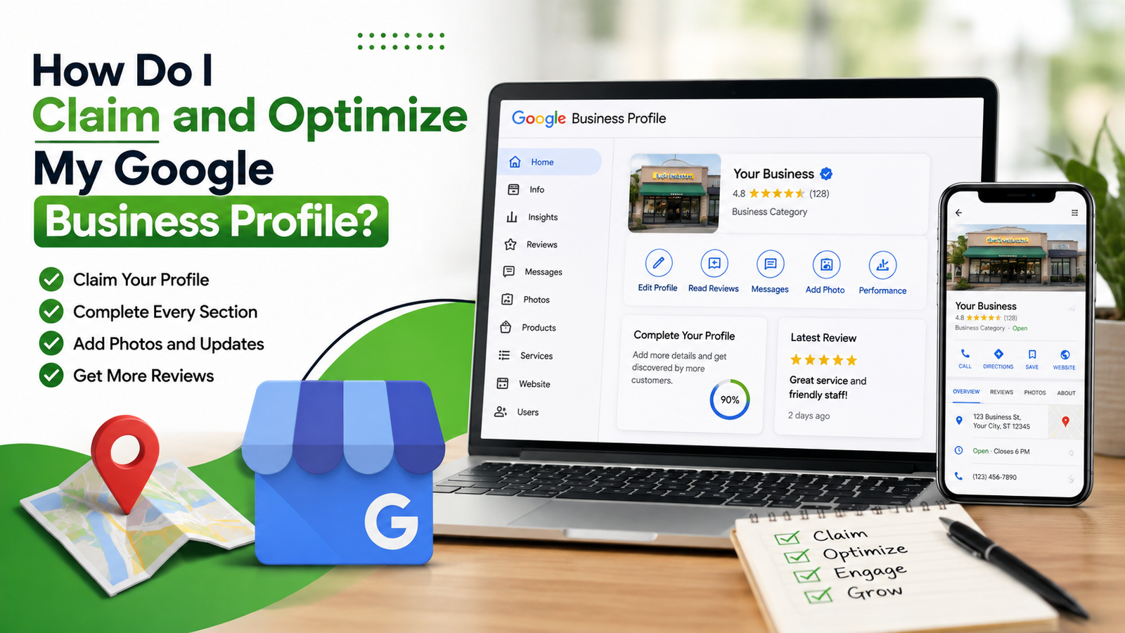 Google Business Profile dashboard on a laptop and phone showing profile optimization, reviews, photos, business details, and local search tools.