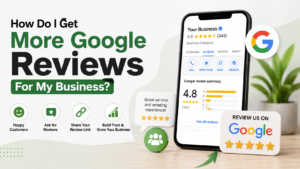 A modern infographic showing how businesses can get more Google reviews using customer feedback, review links, and trust-building strategies.