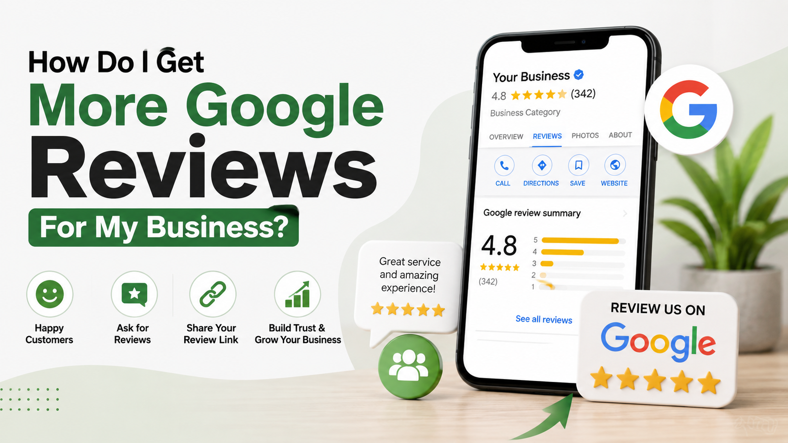 A modern infographic showing how businesses can get more Google reviews using customer feedback, review links, and trust-building strategies.