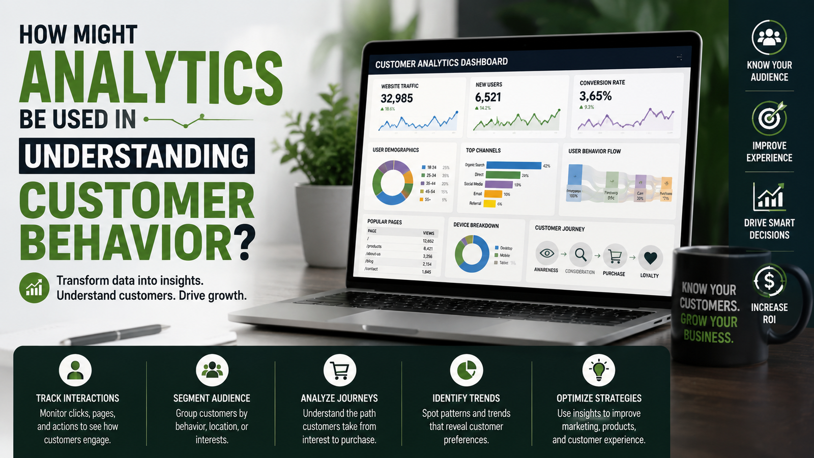 Customer analytics dashboard showing website traffic, user behavior, audience segmentation, customer journeys, trends, and conversion data.