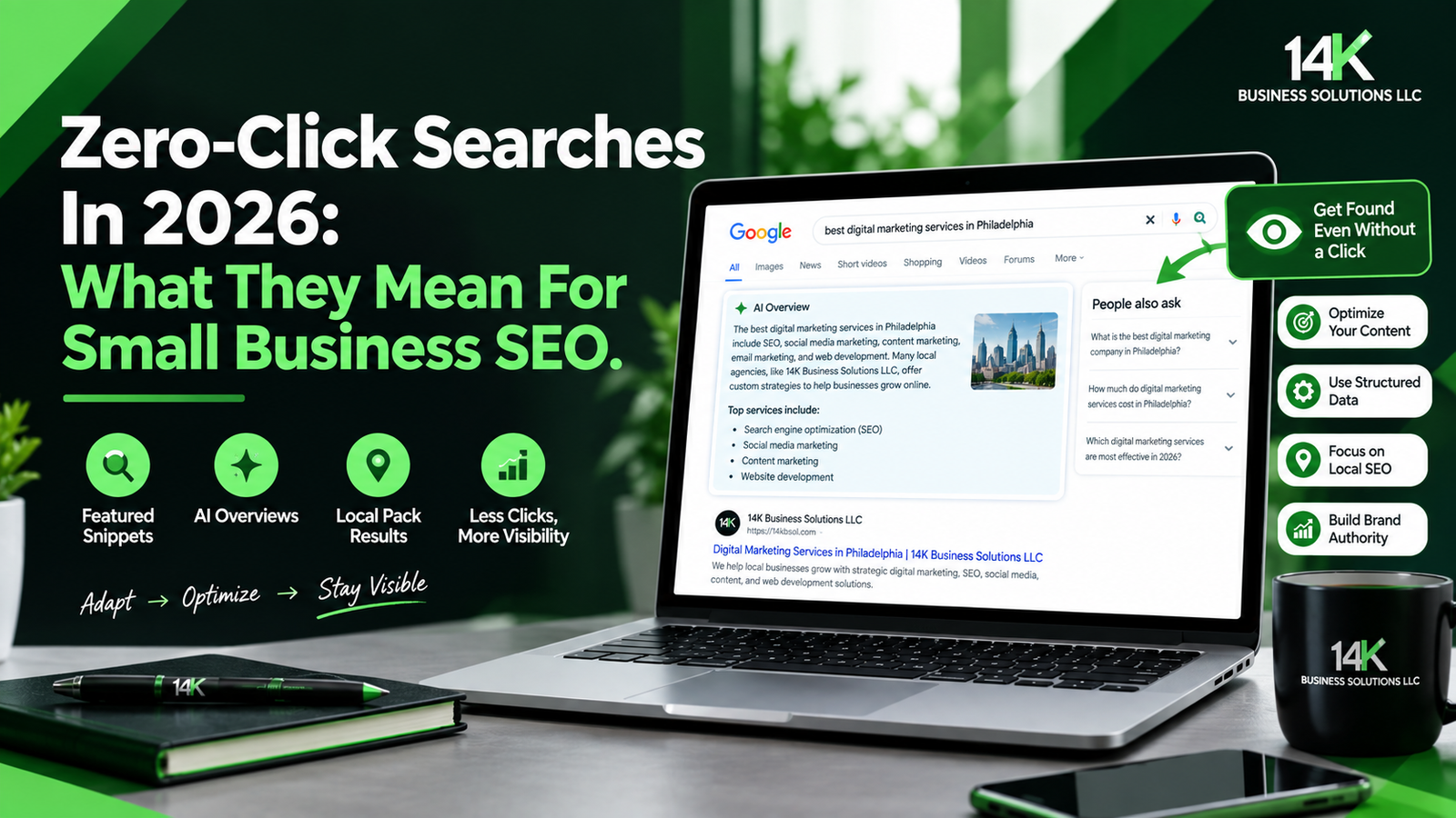 Zero-click searches in 2026 showing how small businesses can adapt their SEO strategies to improve visibility without website clicks.