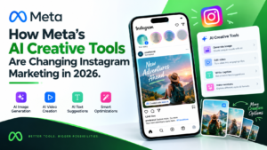 Meta AI creative tools changing Instagram marketing in 2026, featuring AI image generation, video creation, caption suggestions, and ad variations.